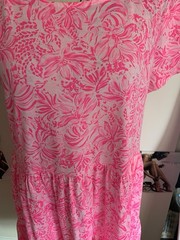 Lilly Pulitzer Pink/White Floral Tiered Scoop Neck Midi Dress Cotton L