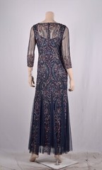 NWT $268 Pisarro Nights Sequin Beaded Illusion Mesh 3/4 Sleeve Gown Navy 2