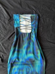 Bershka Bodycon Maxi Dress, Blue and Green Print with side slit leg, Size XS