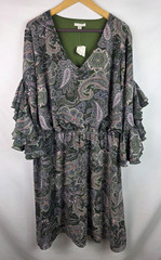 Cato Est 1946 Women&rsquo;s Dress Size 3X 22/24W Green Paisley 3/4 Ruffle Bell Sleeve