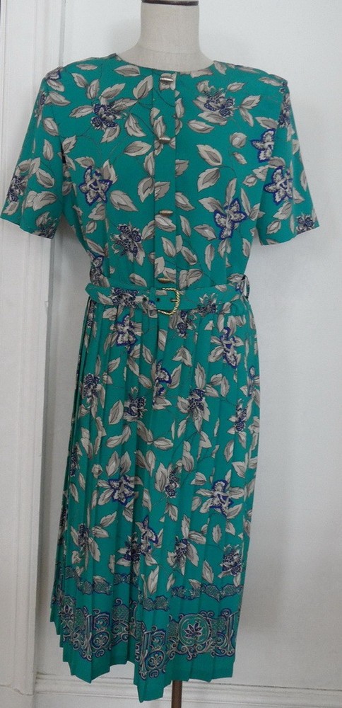 Vintage BENTLEY 1980&rsquo;s-1990&rsquo;s Blue Teal Floral Secretary S/S Pleated Dress Sz M