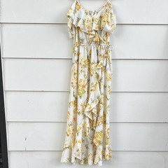 Women&rsquo;s Sleeveless Floral Romantic Ruffle Yellow Rose Pattern Summer Dress M