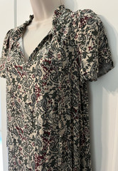 Defacto Woman Midi Dress M Paisley Ruffle Beige Green Maroon Short Sleeve