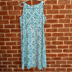 Talbots Women&rsquo;s Ikat Floral Print Sleeveless Midi Dress White Blue green 2X NEW