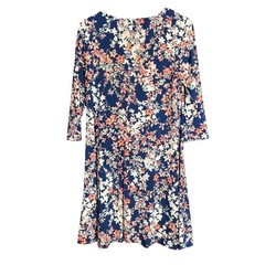 Roz & Ali Womens Size Small Floral Shift Dress Navy Blue Pink Gold Ring Keyhole