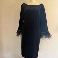 Alex Evenings Black Velvet Evening Dress with Feather Trim
