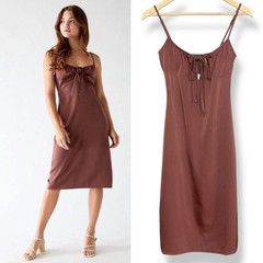 NWT Kendall + Kylie Slip Drsss FLAWS Brown Size XS Midi Tie Milkmaid Satin