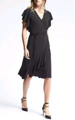 Banana Republic Flounce Wrap Dress Small Black Midi Ruffled Slinky Cocktail