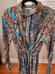 Snake Animal Print Shirt Dress Vibrant Aqua Beige Brown Collar Long sleeve