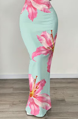 Large Mint Green Maxi Dress. Elegant Sleveless Ruched w Pink & White Flowers