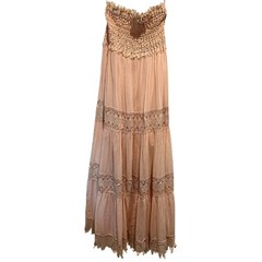 INA Pink Lace Trim Smocked Maxi Dress Crochet Style Boho Tiered Cotton Size S