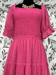 MEROKEETY Sz S Summer Square Neck Puff Sleeve Tie Back Swiss Dot Boho Midi Dress