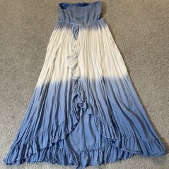 Boho Me Strapless Hi Low Dress M Blue Front Slit Smock Ruffles Back Straps Beach