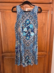 Maurices Sundress Turquoise Blue Multi Floral Boho Patchwork Shift Dress Lg NEW