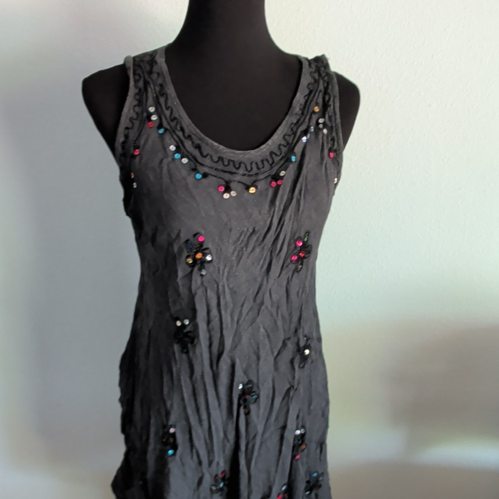 Anna Maria Gray Solid Sundress Free Size Sleeveless Scoop Neck Beaded Knee
