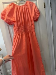 Marine Layer Coral Solid V-Neck Puff Short Sleeve Smocked Pocket Sundress L