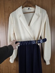 St. John by Marie Gray Knit Dress Cream Navy USA Made Size 6 Vintage