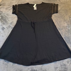 Black V Neck Sheer Sleeve Drawstring Waist A Line Dress Women&rsquo;s NWT Size Small