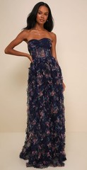 Lulus Stunning Element Navy Floral Mesh Ruffled Strapless Maxi Dress Size S NWOT