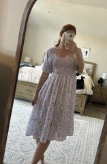 Emmacate Pink Floral Square Neck Puff Sleeve Smocked Midi Dress Women S