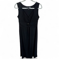 Antthony Originals Womens Black V-Neck Ruched Midi Dress Gold Ring Accent Medium