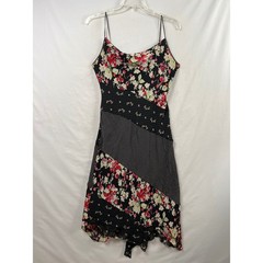 Y2k Express Slip Dress Womens 13/14 Midi Black Silk Floral Polka Dot Patchwork