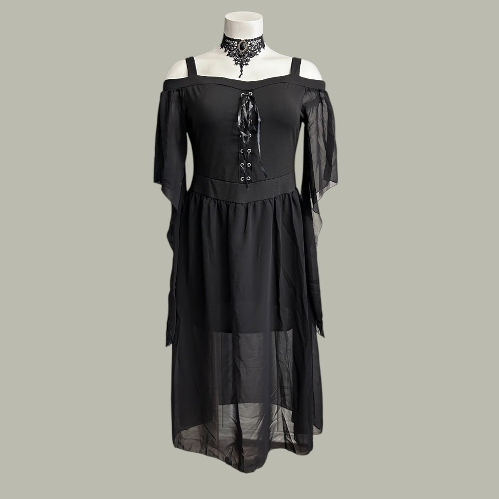 Black Lace Up Goth Midi Dress Sheer Bell Sleeve 3XL Ren Fair Cosplay Gothic