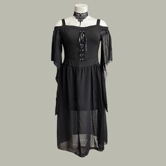 Black Lace Up Goth Midi Dress Sheer Bell Sleeve 3XL Ren Fair Cosplay Gothic