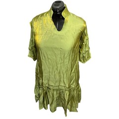 Lime Green Metallic Sheen V-Neck Ruffle Mini Dress NWT Oversized AOMEI Sz L/XL