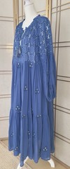 Oliphant Balloon Sleeve Maxi Dress Blue w/ Metallic Gold Embellishment Boho L