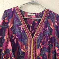 Spell & The Gypsy Bianca Dress Tiered Bell Sleeve Purple Floral V Neck Sz S READ