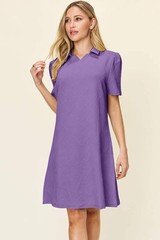 Double Take White Texture Collared Neck Short Sleeve Mini Dress