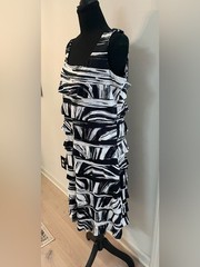 Tango Mango Black & White Abstract Ruffle Tiered Midi Dress Stretchy Flirty XL