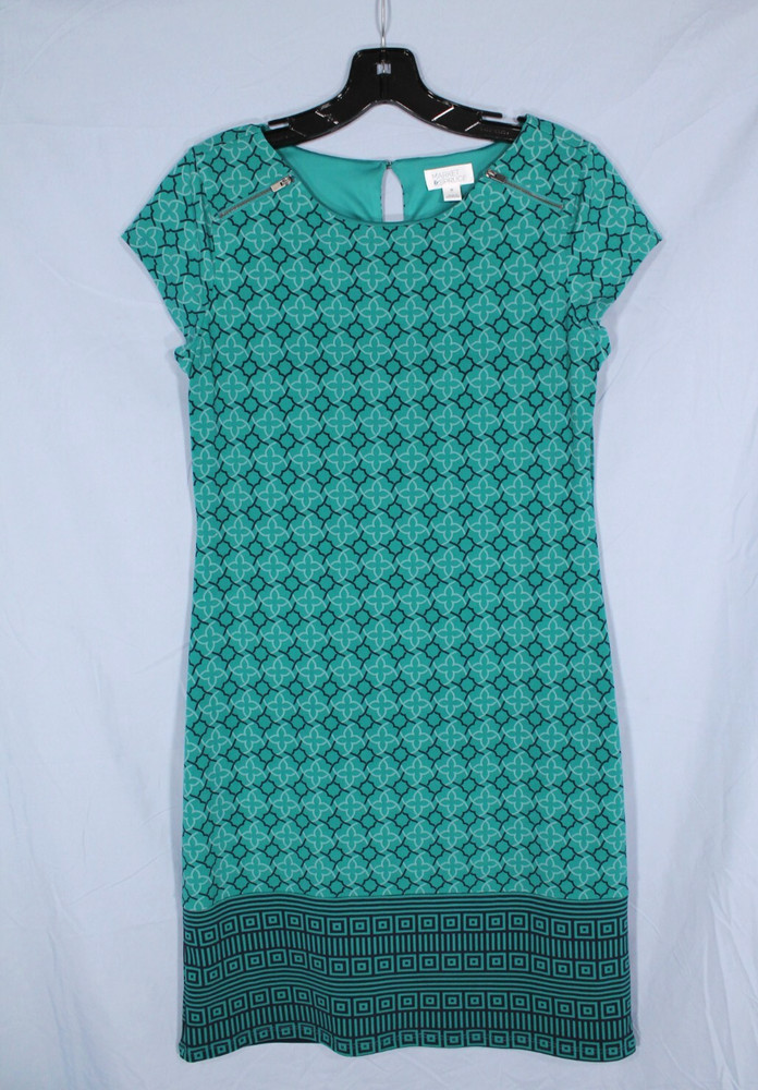 MARKET & SPRUCE Lined STRETCH KNIT Green GEOMETRIC PRINT Button SHEATH DRESS XS