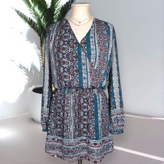 NORDSTROM CHELSEA28 Boho Print Babydoll Blouson Dress Mini Puff Sleeve Teal Red