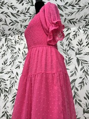 MEROKEETY Sz S Summer Square Neck Puff Sleeve Tie Back Swiss Dot Boho Midi Dress