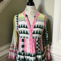 Devotion Twins Ella Mini Tunic Dress Womens XS Green Pink Long Sleeve Tiered
