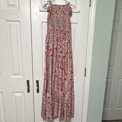 Floral Smocked Maxi Dress Red White Green Sleeveless Square Neck Straps