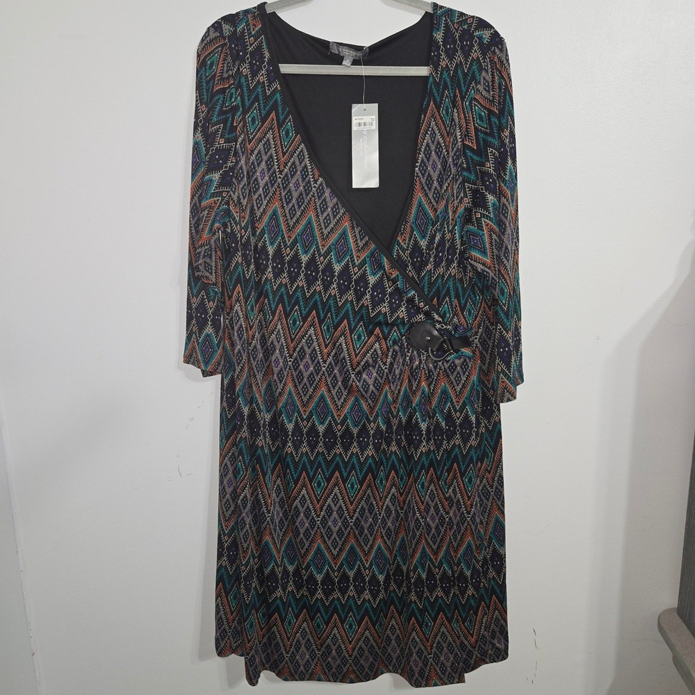 B#67 NY Collection 2X Wrap V Neck Geo Print Midi Dress Black Orange Green Purple