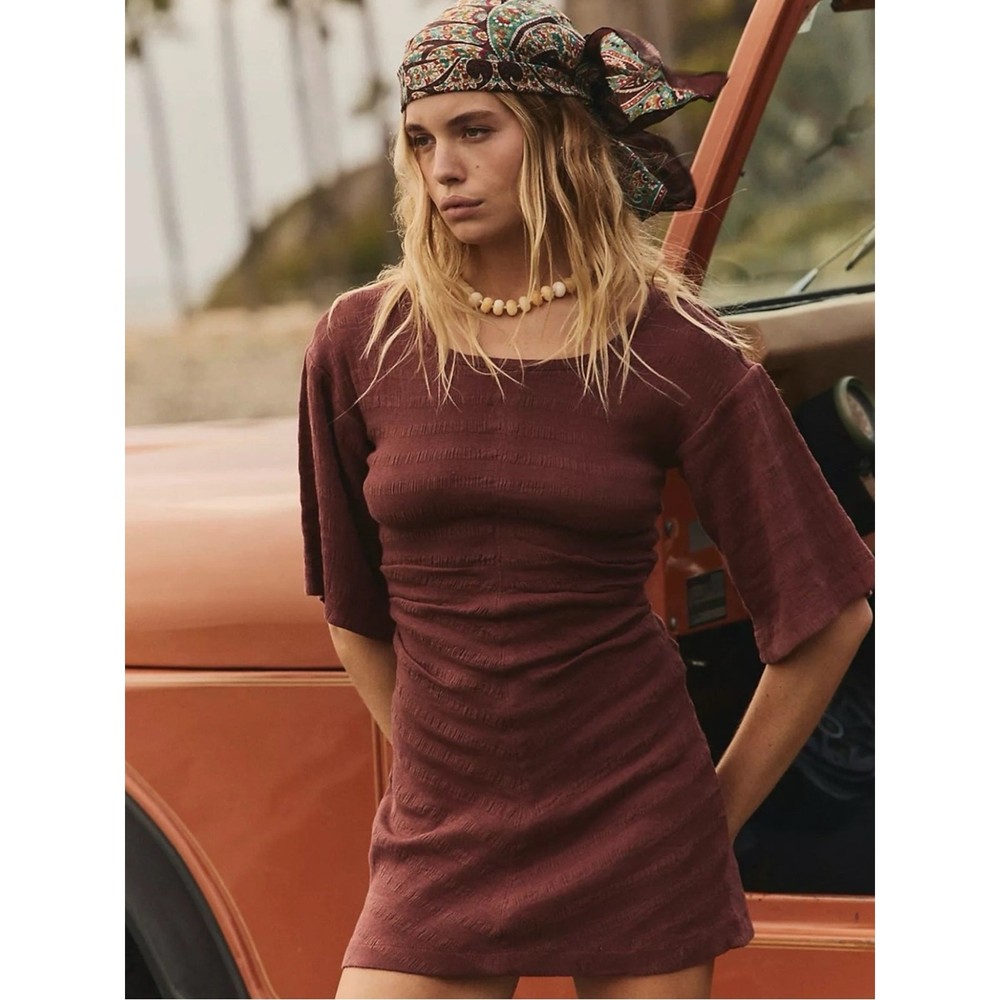 Free People Retro 70s Beachy Marigold Mini Dress in Cinnamon Brown Small NWT