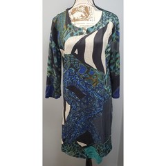 Simply Couture Sweater Dress Womens M Multi Peacock Print Lined Cut V Round Neck
