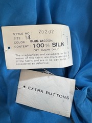 Vintage Silk Studio Blue 100% Silk Midi Dress Button Front V-Neck Size 14