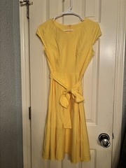 Yellow 100% Cotton A-Line Knee Length Cap Sleeve Round Neck Bow Belt Dress S