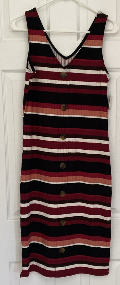 No Boundaries Striped Button Front Sleeveless Tank Dress L/G (11-13) Red Multi