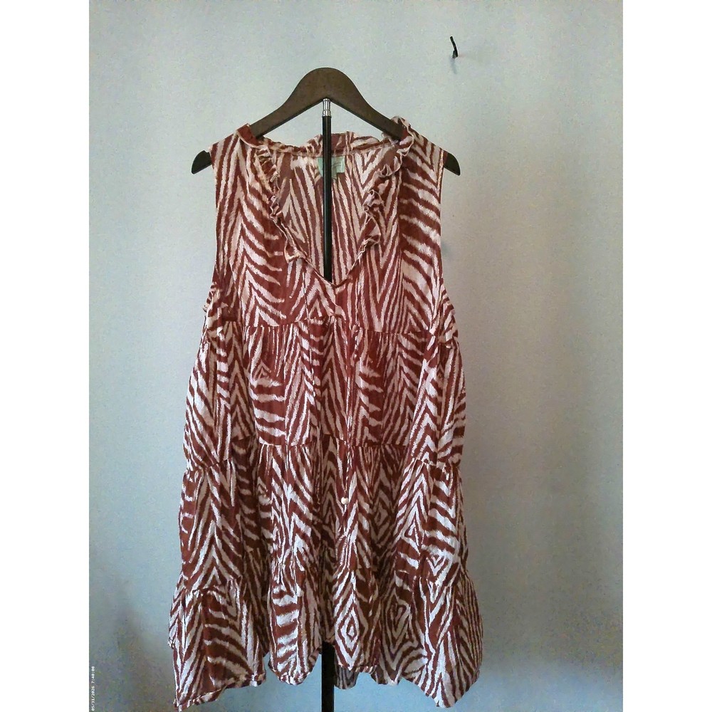 True Destinations Zebra Print Tiered Mini Dress Rust Brown Cream Sleeveless XL