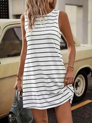 NEW Women Striped Crew Neck Sleeveless A-line Style Tank Dress White/Black M