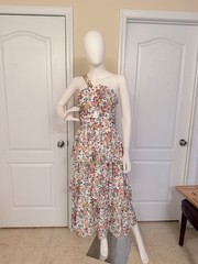 NWT Reverse One-Shoulder Floral Tiered Maxi Dress Cream w/Peach Roses Size 12