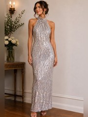 Vintage Papell Boutique Evening Silver Sequin Halter Gown Size 4 Formal Dress