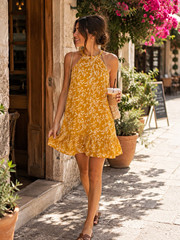 COCO L Yellow/White Floral Halter Sleeveless A-Line Midi Dress Ruffle Hem