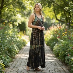 JQ Couture Womens M Maxi Dress Brown Green Tie Dye Racerback Boho Sleeveless
